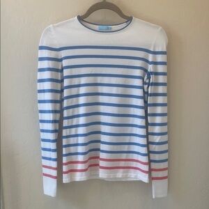 Striped Long-Sleeve Crewneck Shirt - White with Blue & Orange Stripes